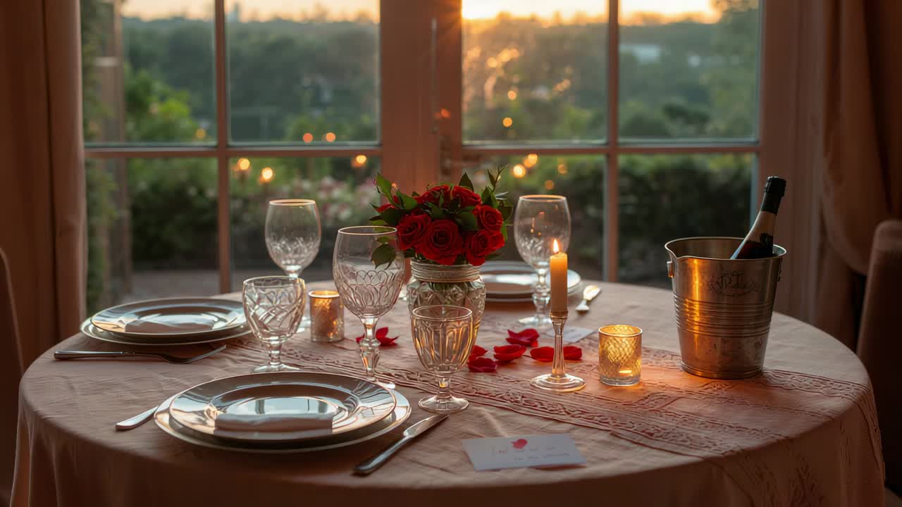 Sunset shifting, dining table holding roses, candles, ice bucket, folded note by multi-pane doors