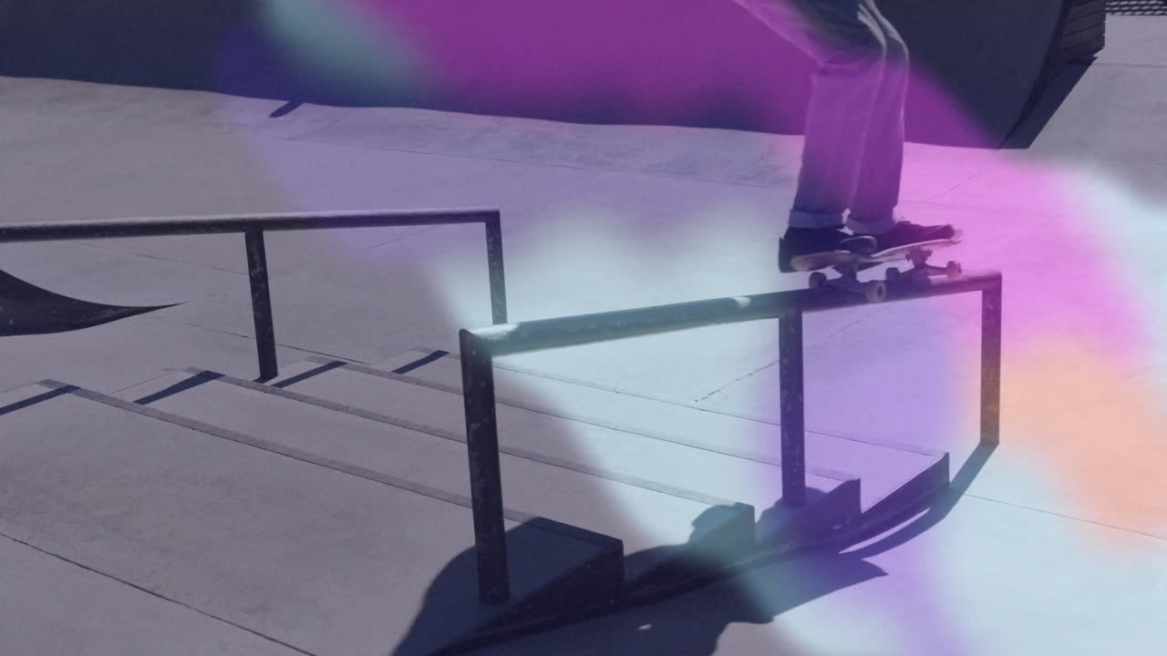 Skateboarder performing trick at skate park, with animated speed lines and technology data charts