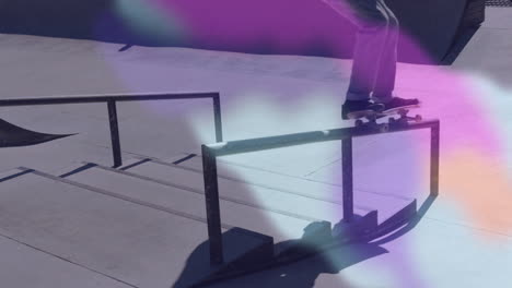 skateboarder performing trick at skate park, with animated speed lines and technology data charts