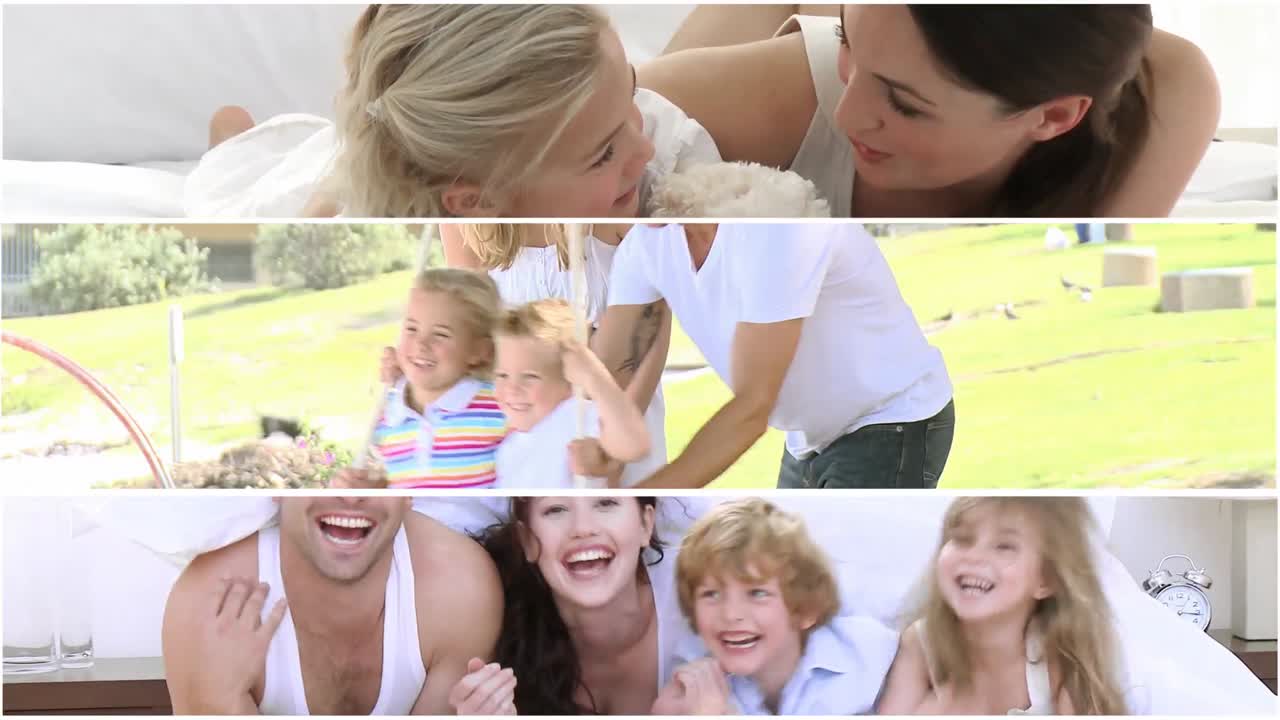 즐거운 시간을 보내는 행복한 가족들의 몽타지
