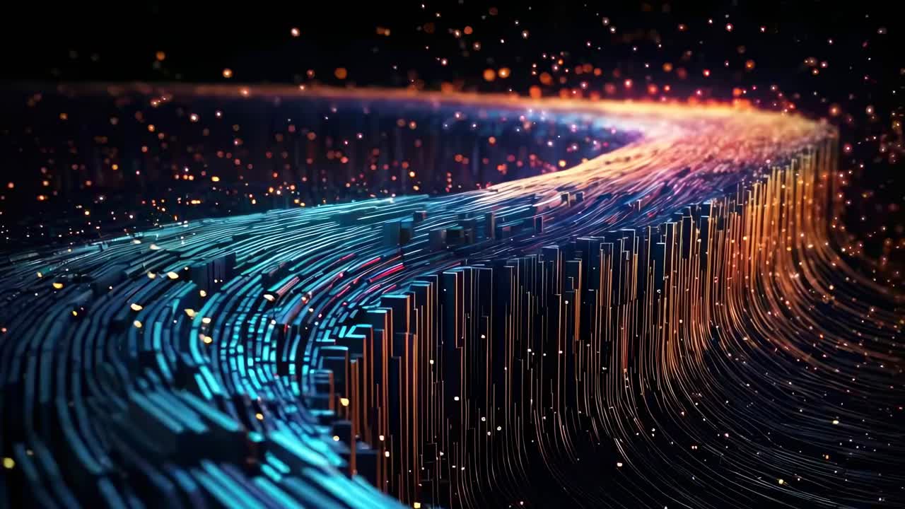 Abstract digital landscape with glowing lines and particles, viewed from a low angle