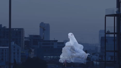 white dove animation over cityscape during twilight, symbolizing peace and hope