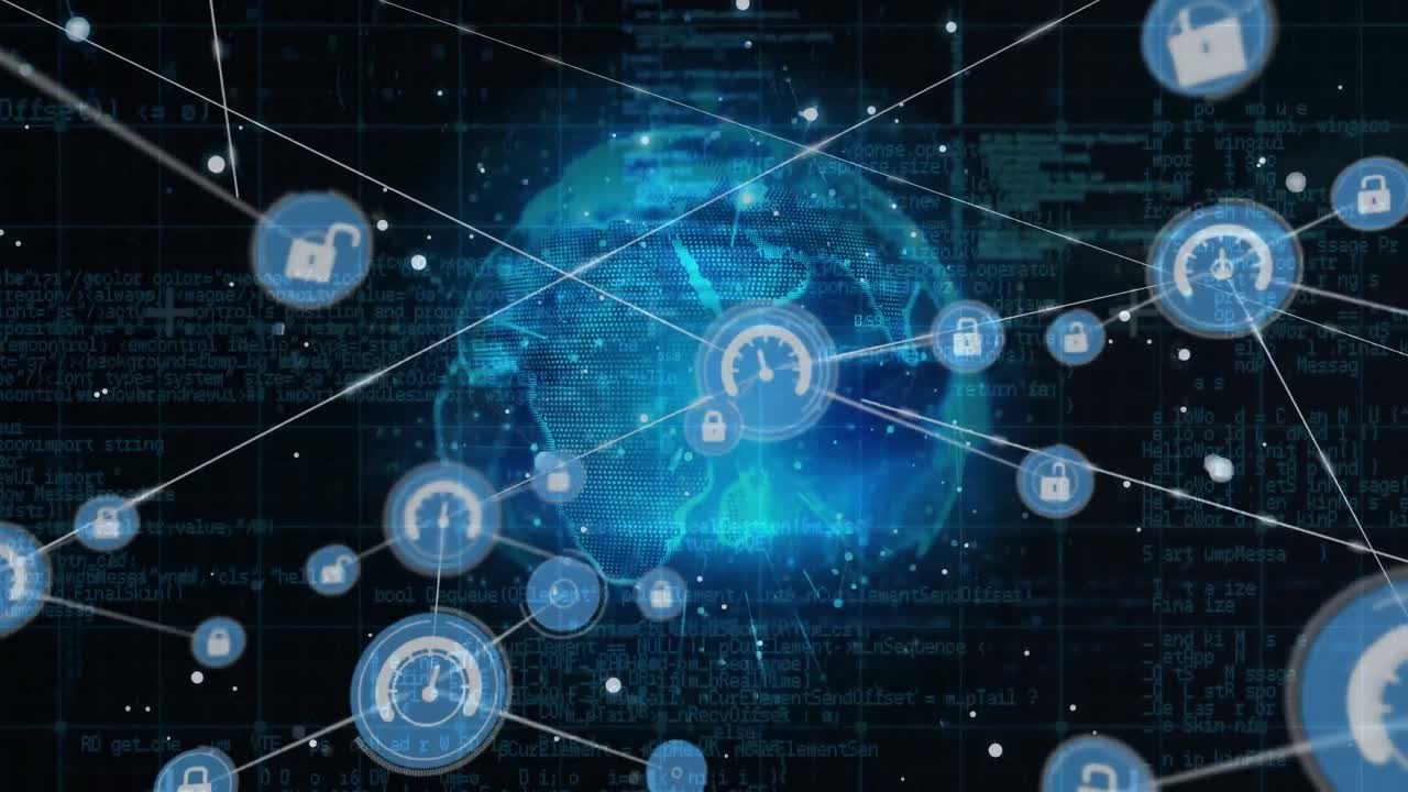 Animation of network of connections with icons over globe and grid