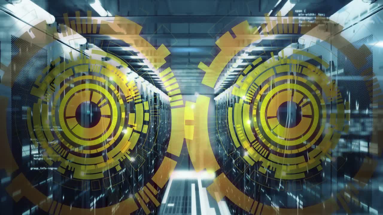 Animation af indlæsningscirkler over computersprog mod bjælker i et serverrum i baggrunden.