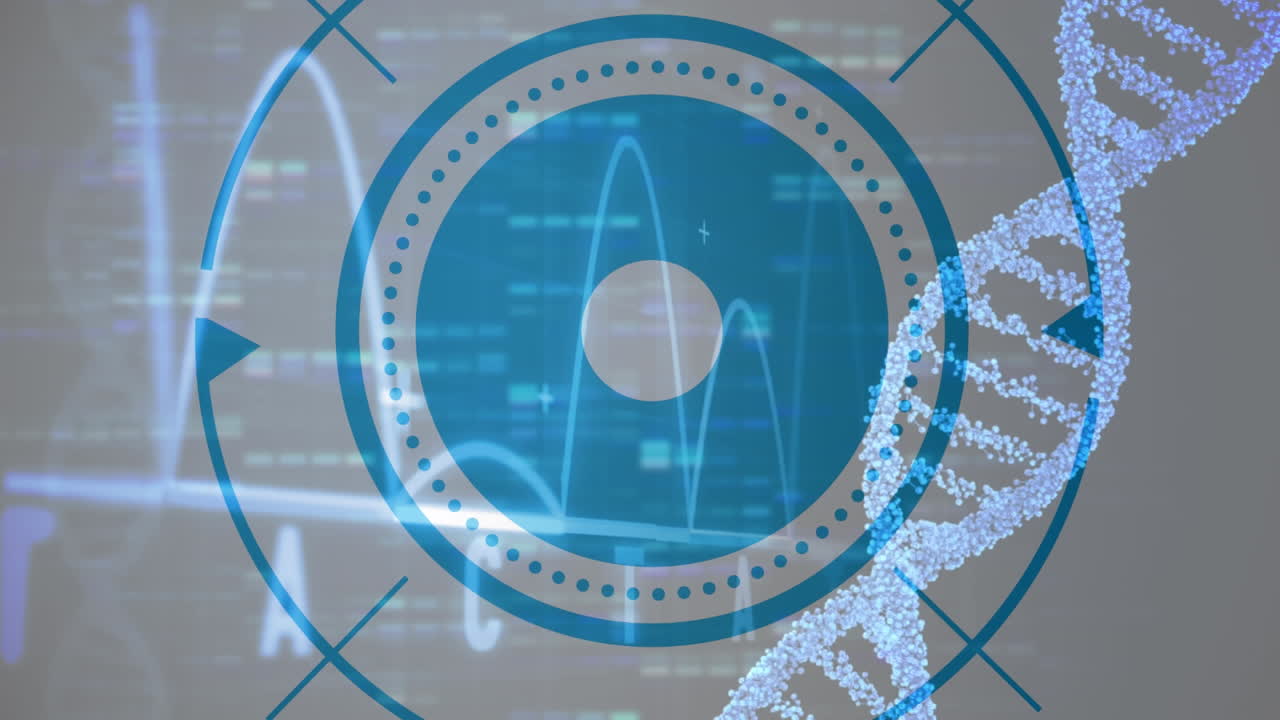 dna 구조 회전 및 심박수 모니터와 회색 배경의 파란색 둥근 스캐너