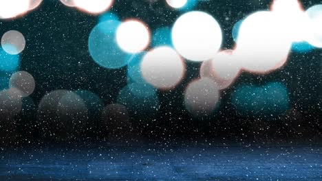 animation of snow falling over glowing spots of light with copy space and wooden surface