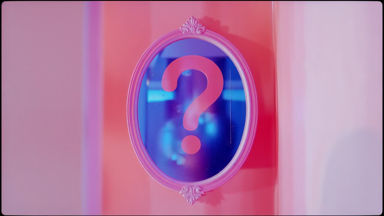 Showing ornate pink mirror reflecting blue light on hallway wall with oversized pink question mark