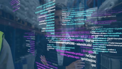 Computer code animation over businesswoman in warehouse with worker in background