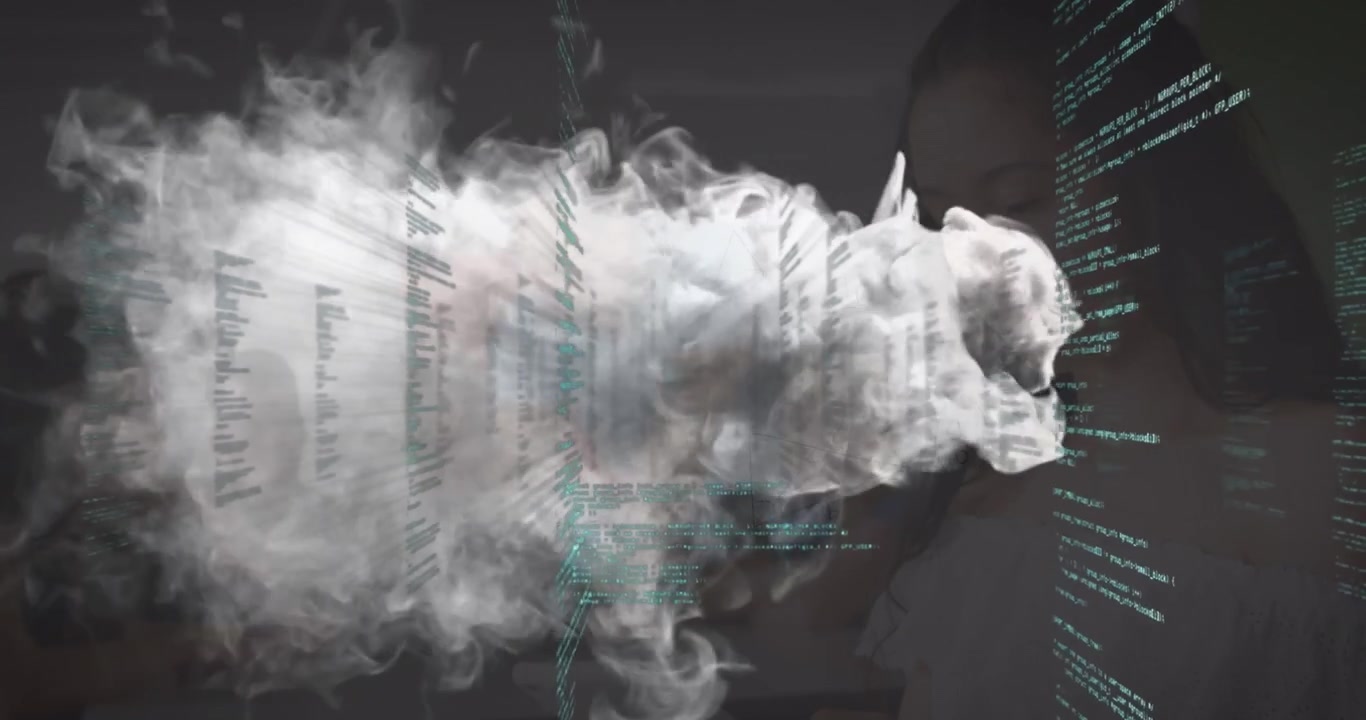 Animation numérique du traitement de données statistiques, avec un point lumineux et une lumière sur fond gris.