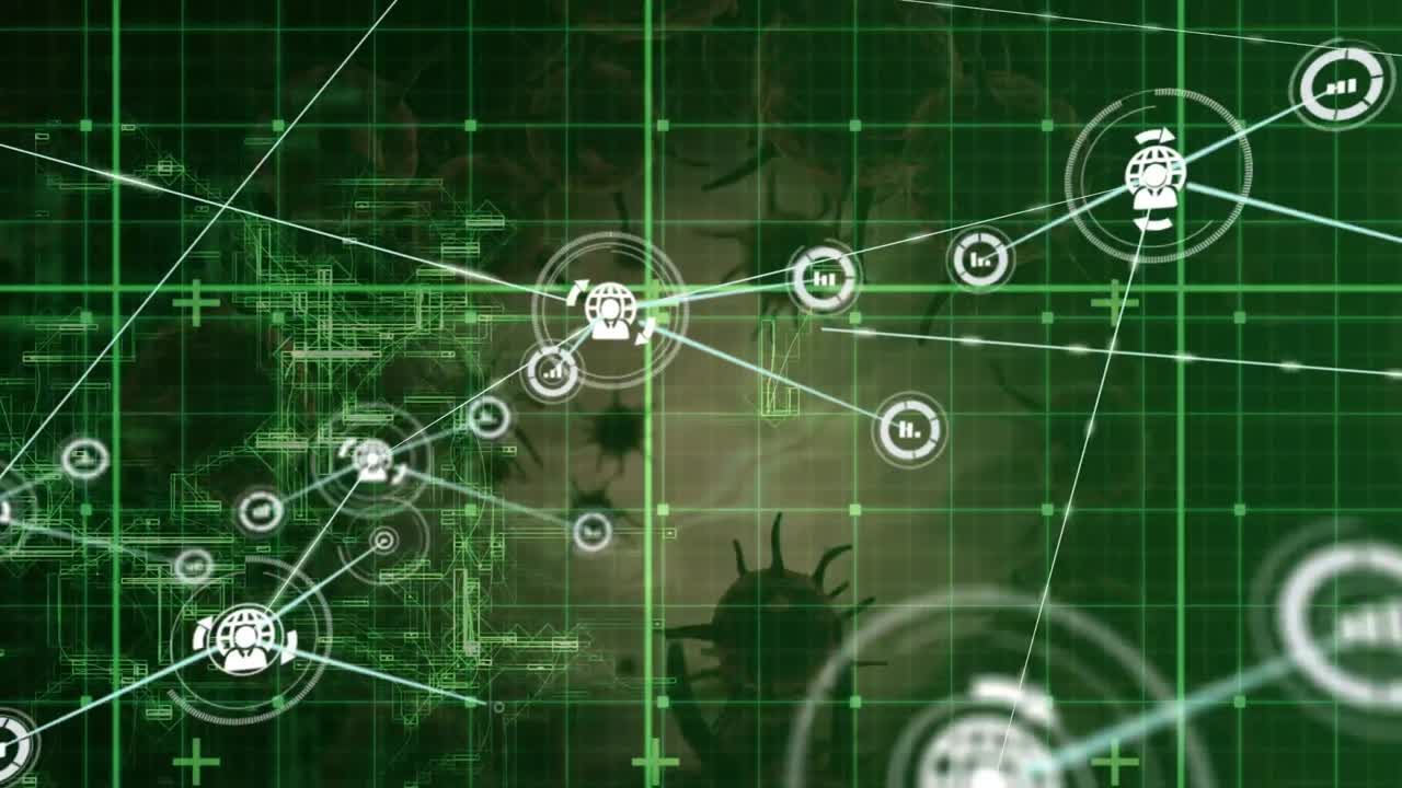 анимация сети соединений по клеткам вируса и обработке данных