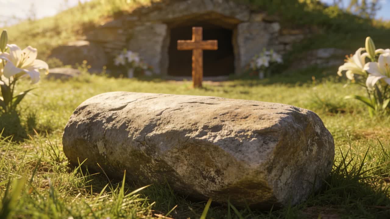 Telecamera che si allontana rivelando una grande pietra consumata sull'erba, mostrando una croce di legno, una grotta e dei gigli.