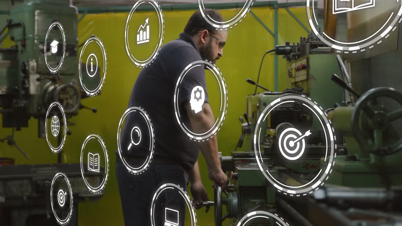Vertical video: Tech gripping metal lathe, turning, adjusting knobs for precision, icons appearing