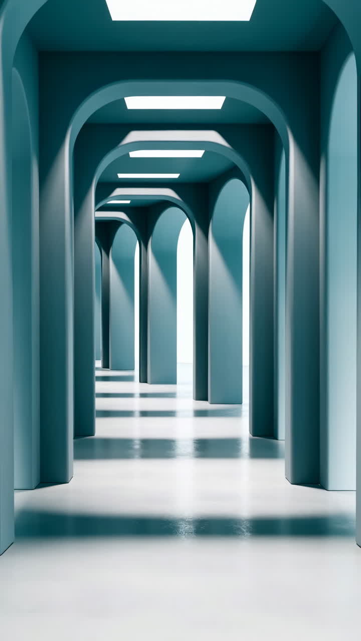 Minimalist Blue Arched Corridor with Light and Shadow