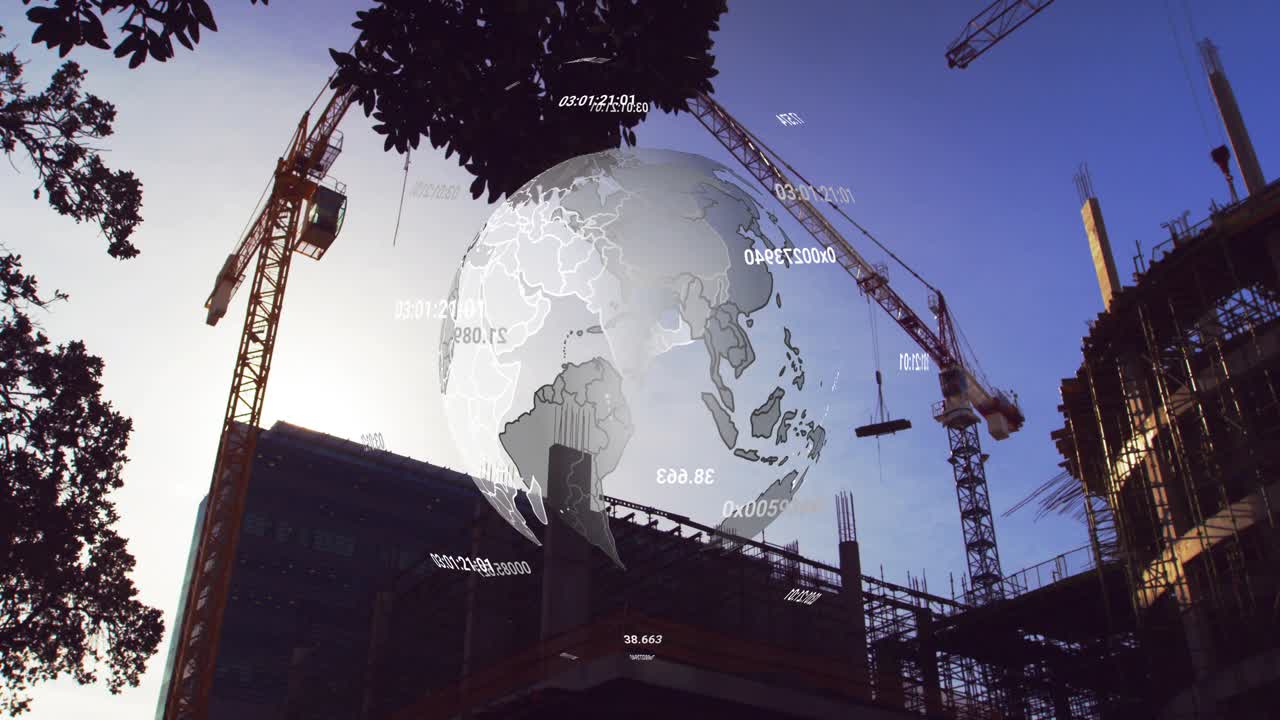 3D hologram globe appearing, orbiting time tags while crane hoist swinging showing site progress