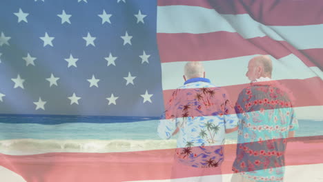 Animación-De-La-Bandera-De-EE.UU.-Sobre-Hombres-Mayores-Caucásicos-En-La-Playa-En-Verano