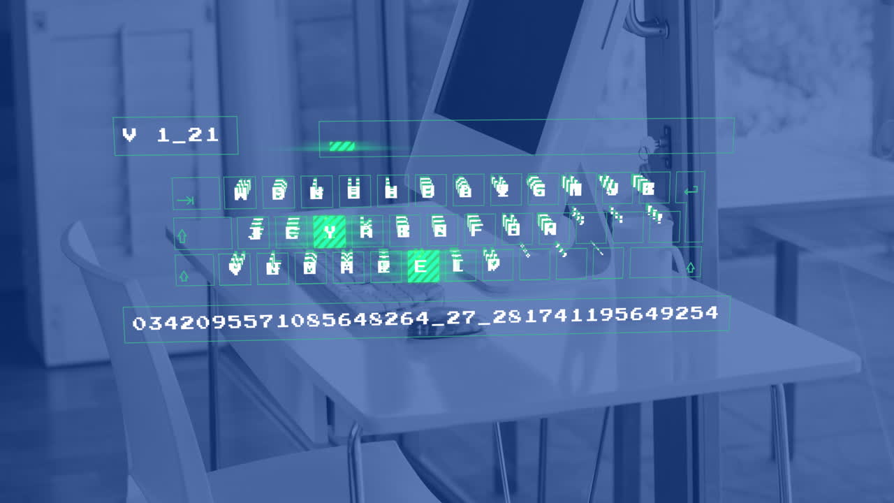Animation of financial data processing over computer on desk in office and blue background