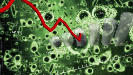 Animación-Del-Procesamiento-De-Datos-Financieros-Con-Línea-Roja-Sobre-Bitcoins-Y-Células-Covid-19