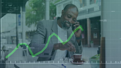 animation of data processing over african american man using smartphone