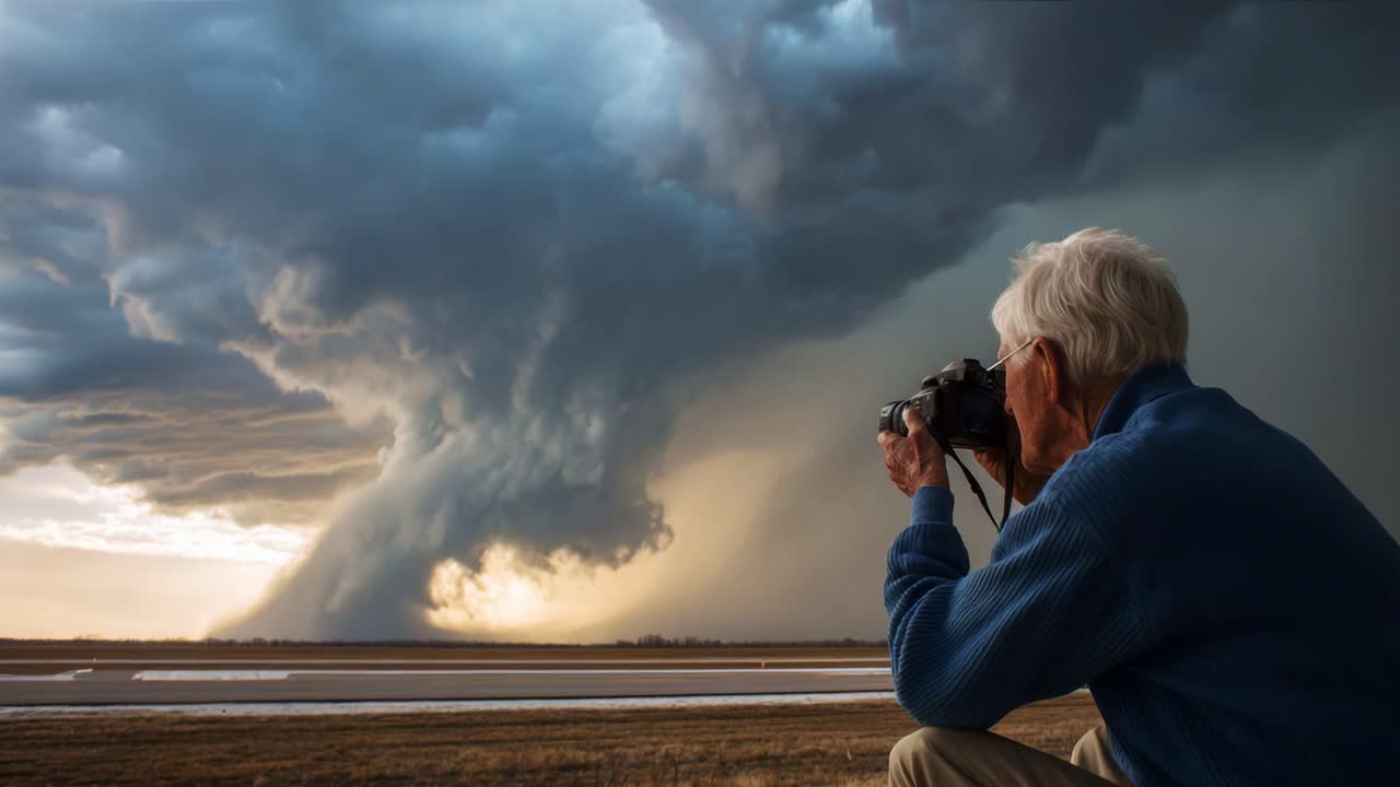 An elderly photographer capturing the awe-inspiring beauty of a storm rolling across the landscape, showcasing the mesmerizing interplay between dark clouds and sunlight