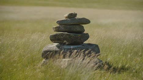 stacked rocks (cairn) in a grassy field