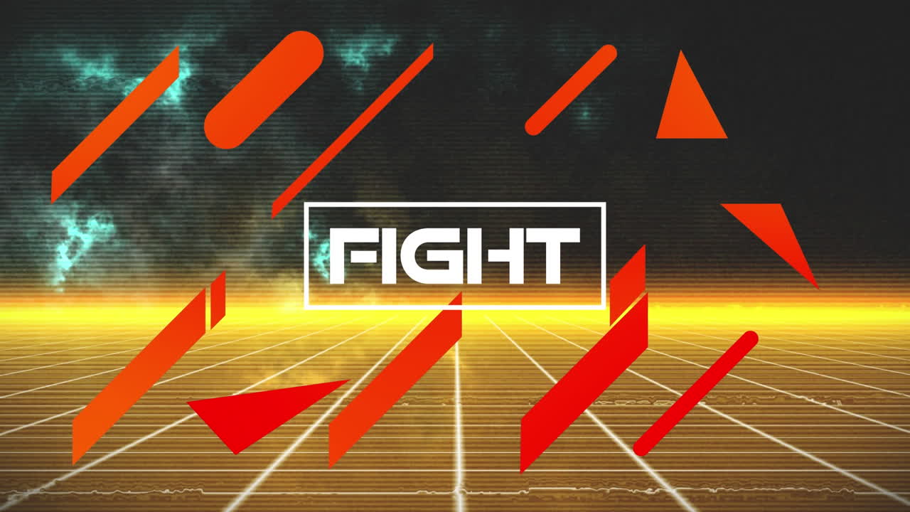 노란색과 검은색 디지털 공간에서 싸움과 오렌지색 모양의 애니메이션.