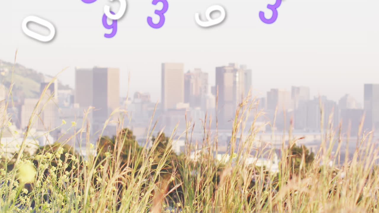 도시 풍경 위의 숫자 애니메이션과 데이터 처리