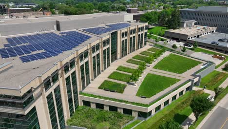 solar panels and green roof on sustainable government building in usa