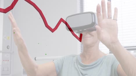 animation of financial data processing over caucasian woman using vr headset