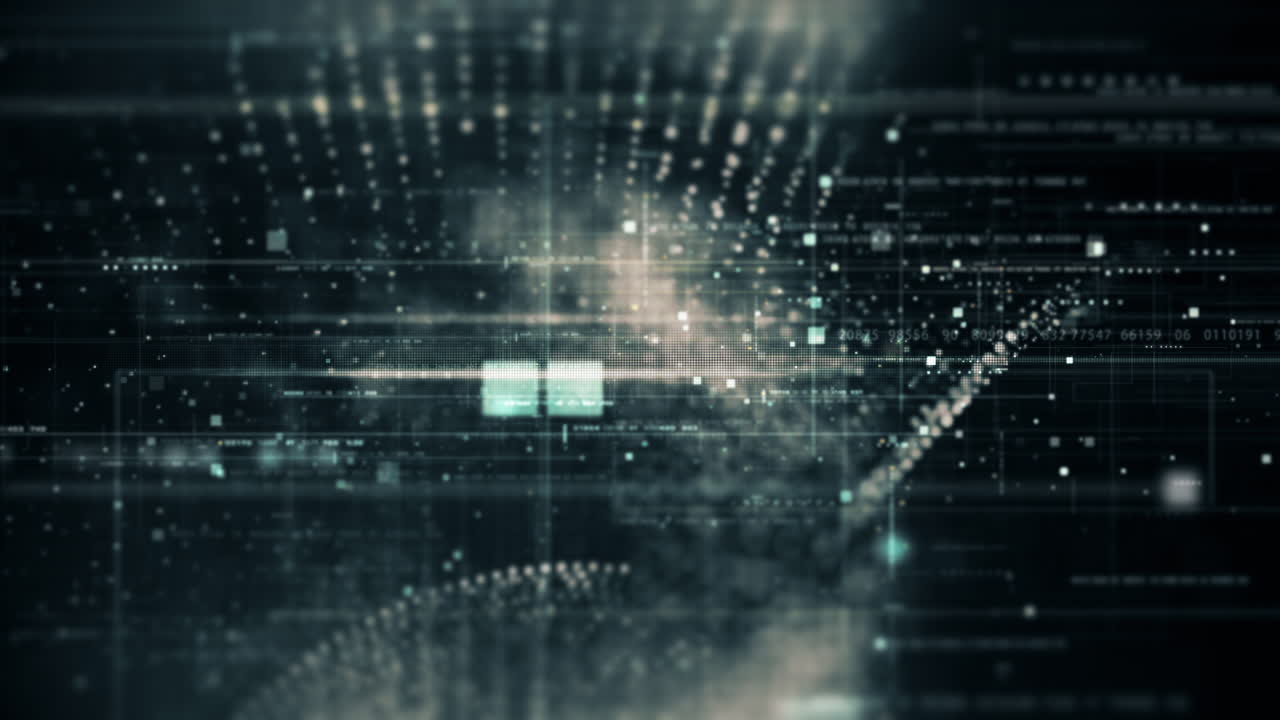 matriz de datos de flujo de desenfoque abstracto futurista, meta, metaverso, telemetría y visualización de números cifrados con simulación de partículas en el entorno del ciberespacio para el fondo del bucle de visualización frontal
