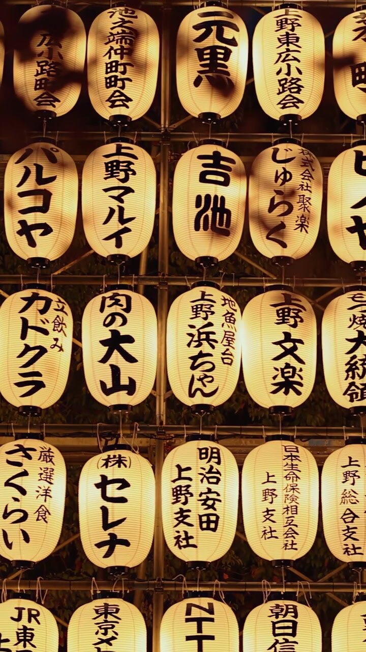File di lanterne di carta tradizionali giapponesi illuminate brillano durante un festival notturno nel Parco di Ueno.