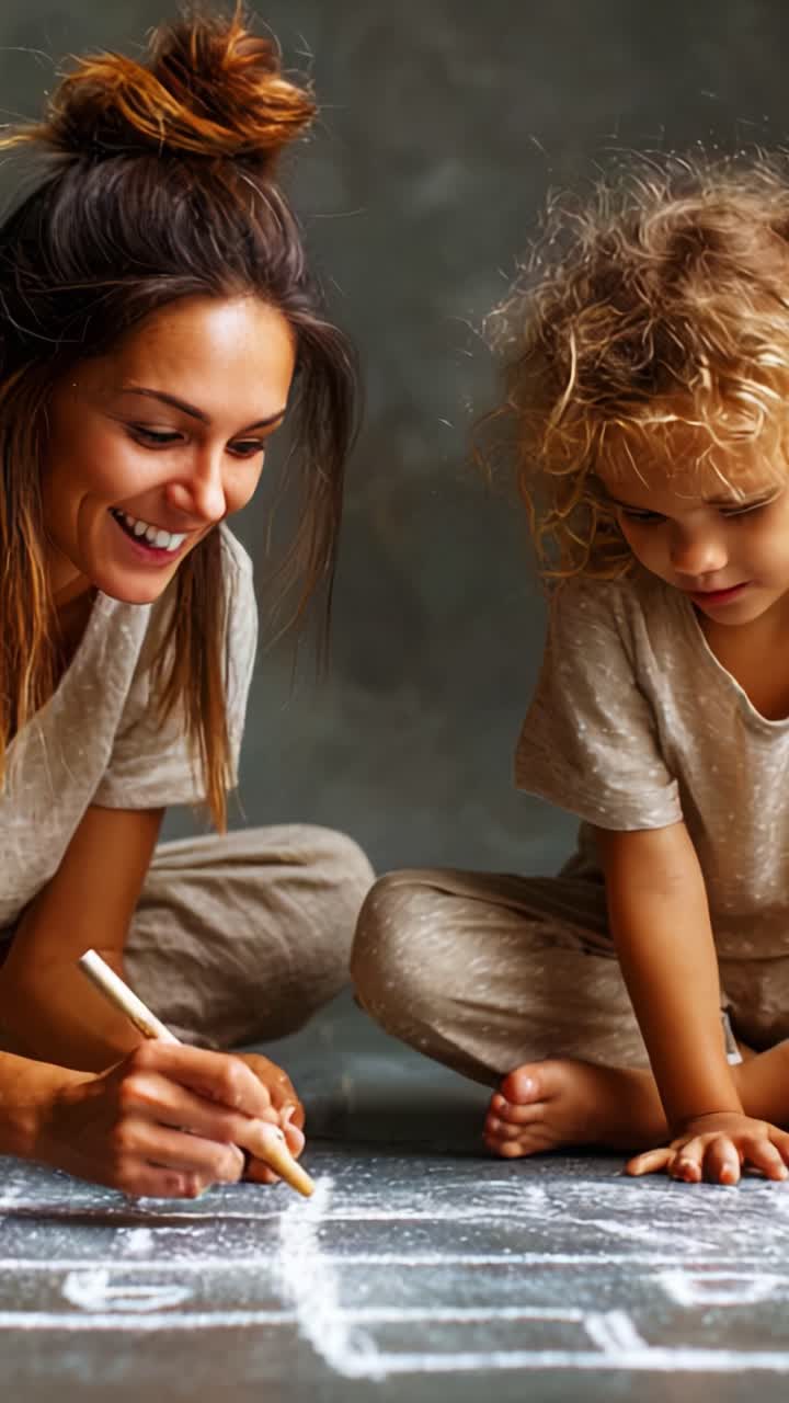 Momenti gioiosi: madre e figlio creano un legame mentre disegnano con i gessetti sul pavimento, immortalando la creatività e le risate in una scena commovente