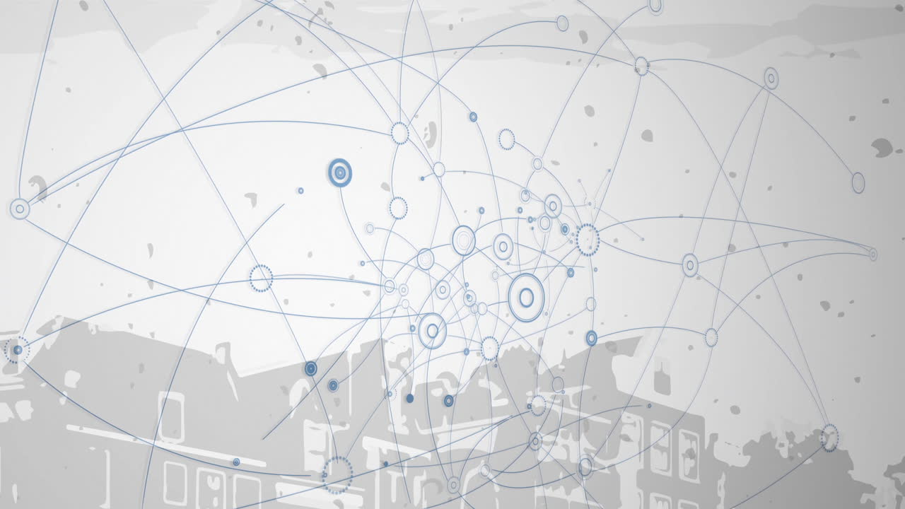 Animation of network nodes and lines over abstract cityscape background