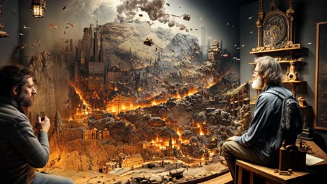 two individuals admire intricate model city with fiery landscape at evening