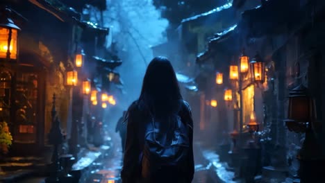 a woman walking down a street at night with lanterns hanging from the ceiling