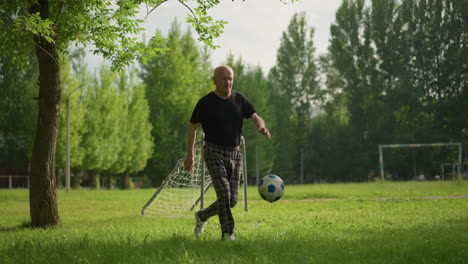 un anciano juega hábilmente con una pelota de fútbol, golpeándola mientras se desplaza en un campo de hierba exuberante, con árboles y postes de gol en el fondo