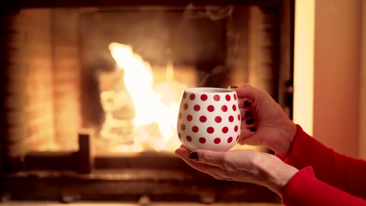 Woman holding a white cup with red dots in front of a fireplace