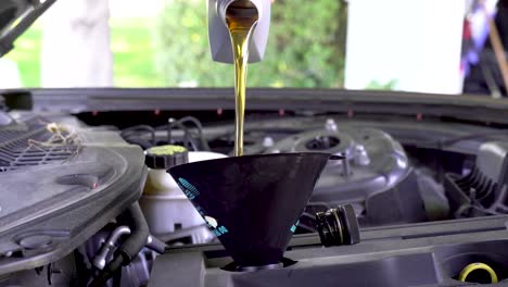 car mechanic pouring oil during oil change