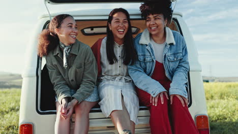 funny, friends and women in van outdoor
