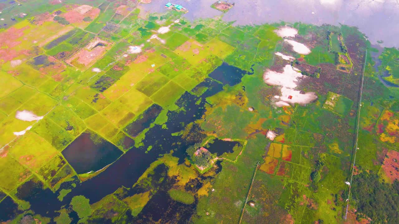Aerial: Bangladesh agricultural land, flooded farm crops