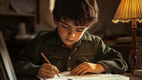 young boy diligently works on his homework at a desk, illuminated by a warm lamp, showcasing the dedication and focus of a student engaged in learning