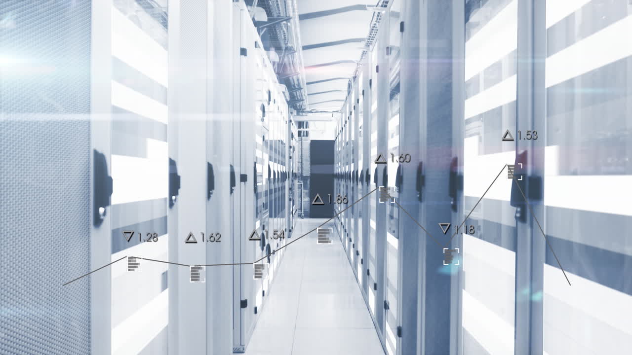 컴퓨터 서버 방에 대한 데이터 처리 및 빛 트레일의 애니메이션