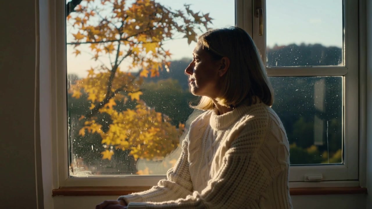 Camera zooming, woman in white sweater leaning to window, watching autumn tree, glasses on sill