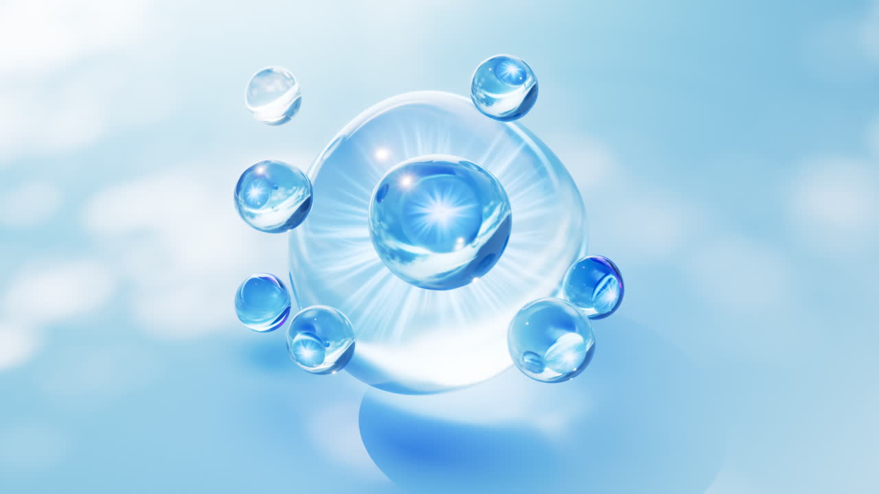 Blue liquid molecule and water bubbles, 3d rendering.