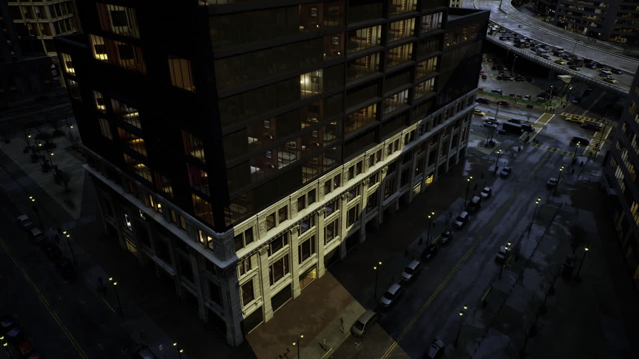 Urban building illuminated at night with street activity captured in view
