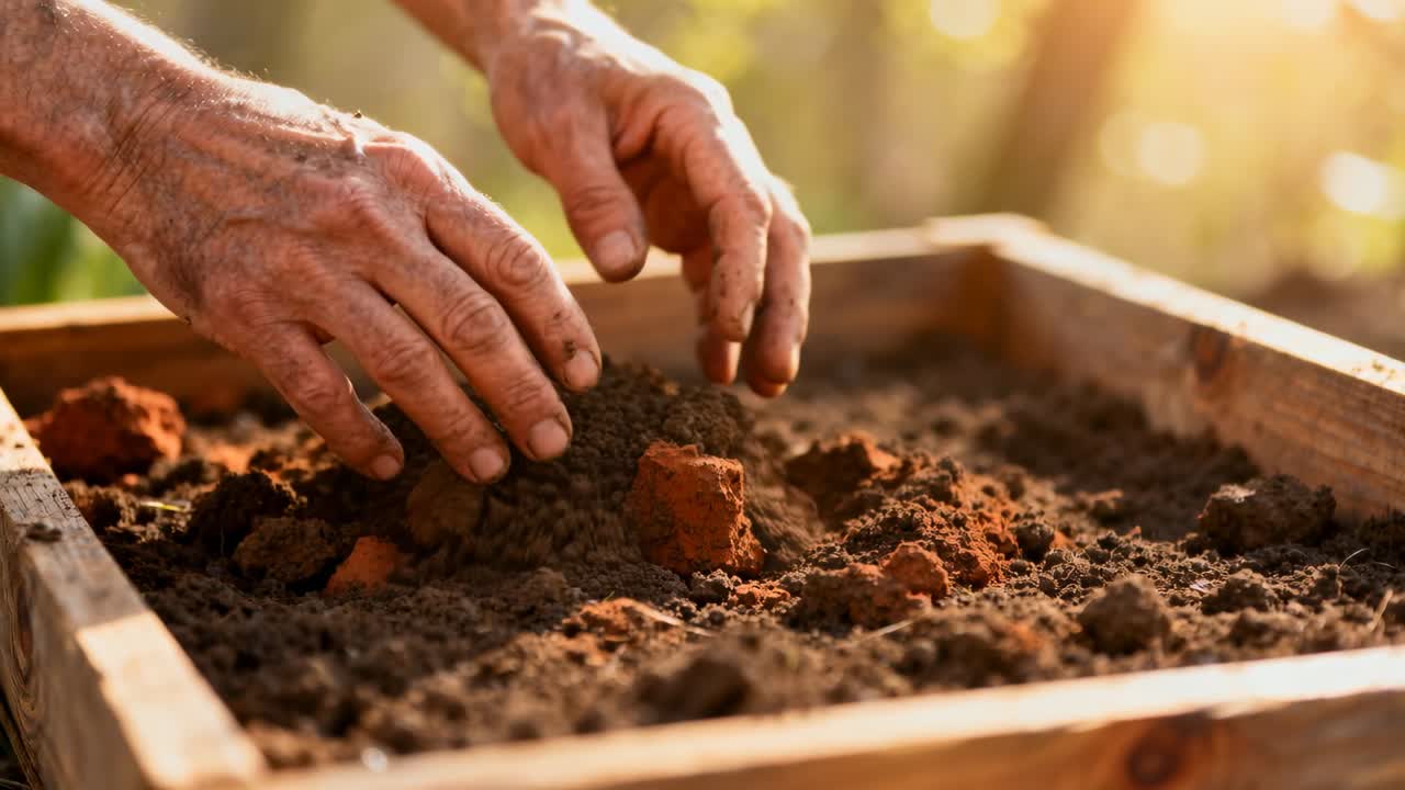 Mani con maniche corte che raccolgono l'argilla, rompono le zolle e rastrellano il terreno in una fioriera per la semina, sotto la luce del sole.