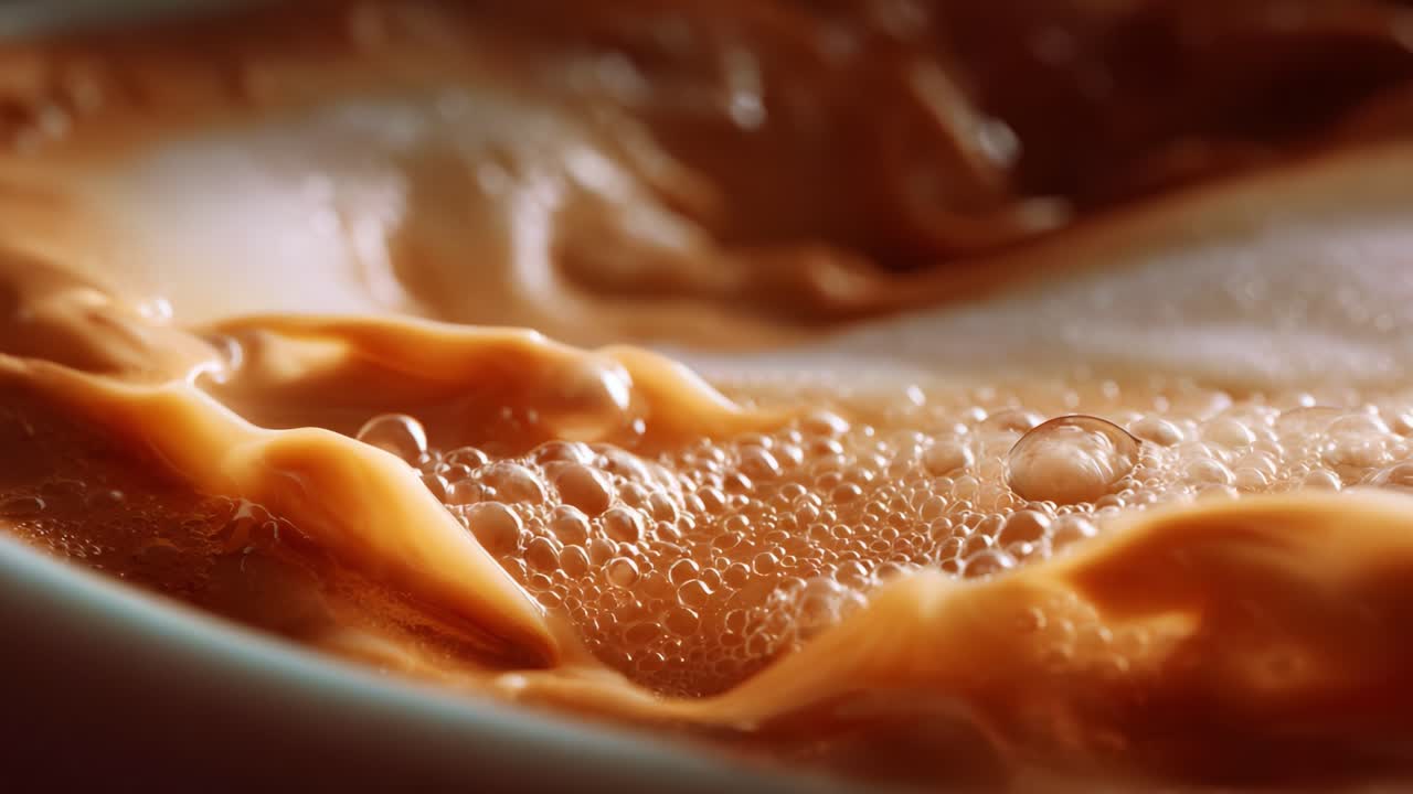 An Intriguing Close-Up of Creamy Liquid Swirling with Bubbles, Capturing the Rich Tones and Textures of a Delicious Beverage in Vivid Detail