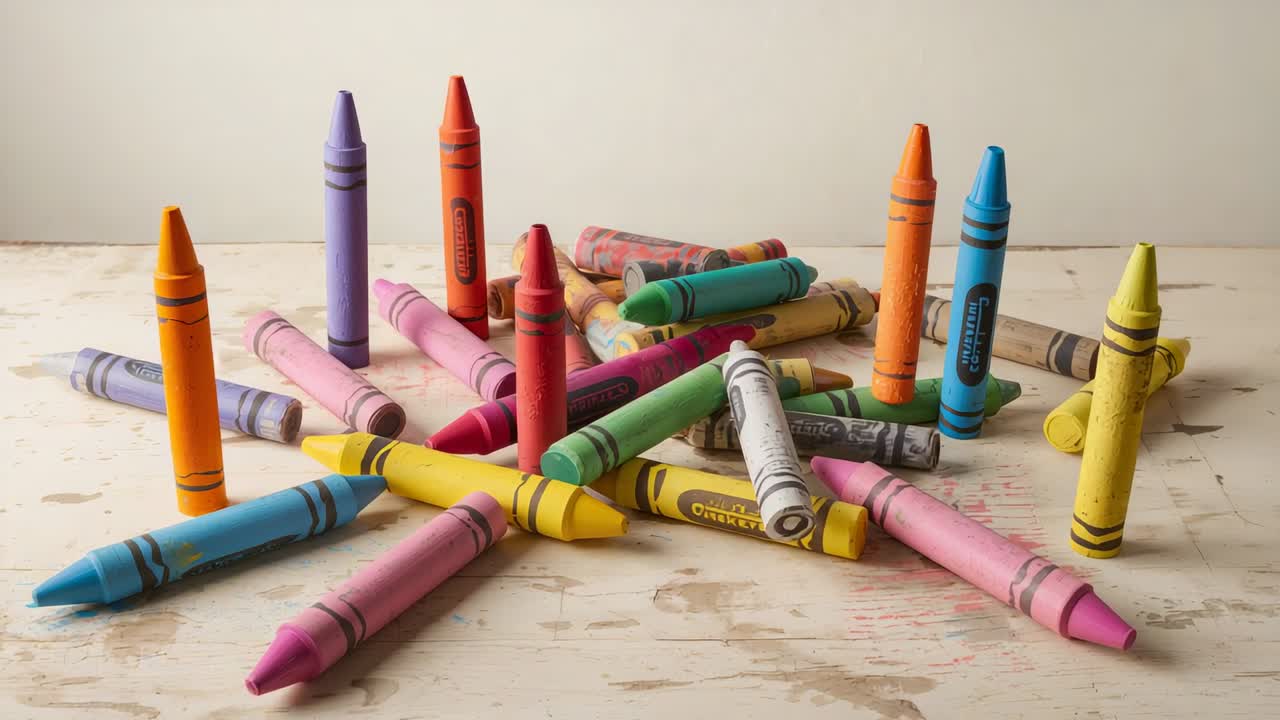 Pushing camera drawing focus to colorful wax crayons on worn wooden tabletop, showing wrappers