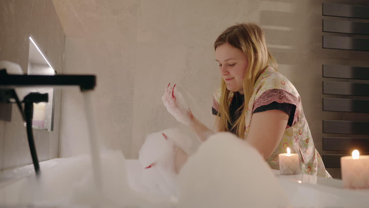 Woman enjoying a relaxing bubble bath