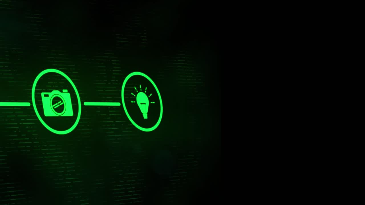 검은색 배경 위에 카메라와  ⁇  아이콘의 애니메이션