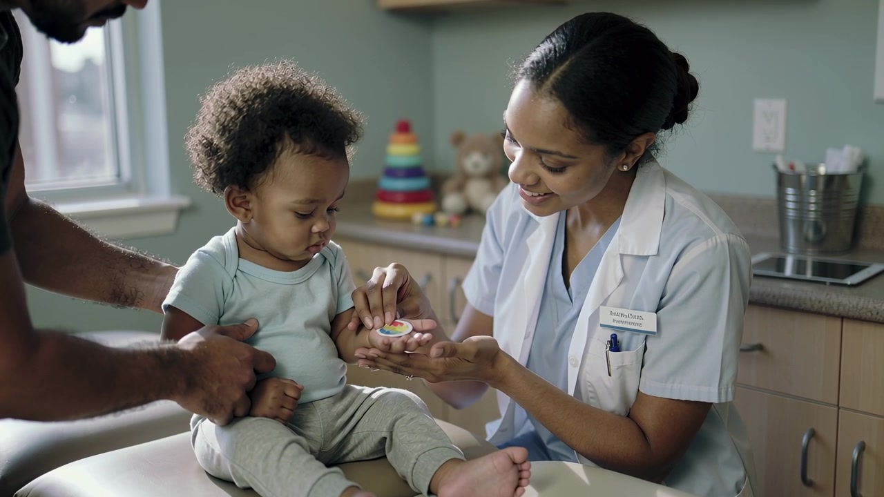 Showing nurse in scrubs leaning, applying round sticker onto infant palm at clinic, soothing child